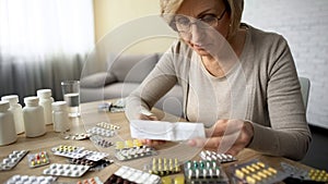 Retired obsessed with self-medication female reading medicine instruction