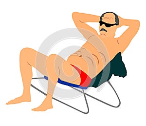 Retired old man on vacation sitting in beach chair, illustration. Senior on beach.