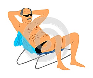 Retired old man on vacation sitting in beach chair,  illustration. Senior on beach. Mature sunbathing. Healthy man enjoy.