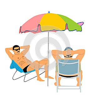 Retired old man on vacation sitting in beach chair, vector illustration. Senior friends sunbathing under parasol. Man enjoy.
