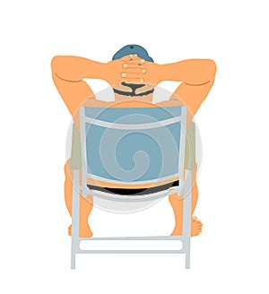 Retired old man on vacation sitting in beach chair, vector illustration. Senior sunbathing. Man enjoy in summer day. Free time.