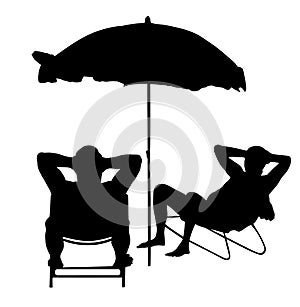 Retired old man on vacation sitting in beach chair, vector silhouette illustration. Senior friends sunbathing under parasol.