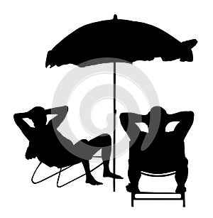 Retired old man on vacation sitting in beach chair, vector silhouette. Senior friends sunbathing under parasol. Man enjoy.