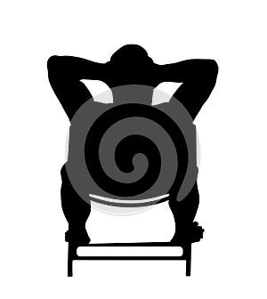 Retired old man on vacation sitting in beach chair, vector silhouette. Senior sunbathing. Man enjoy in summer day. Free time.