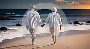 retired ouple white dressed walking on the beach - sunset