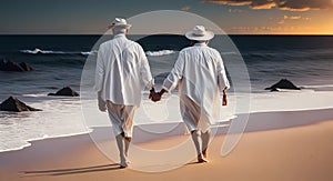 retired ouple white dressed walking on the beach - sunset