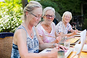 Retired senior women painting together outdoors as group recreational and creative activity during summer.