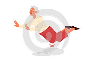 Retired women faling down. Old woman falling on her knee.