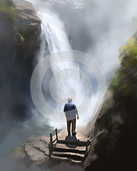 A retiree standing atop a waterfall looking down into the abyss feeling the thrill of a new start and a new challenge