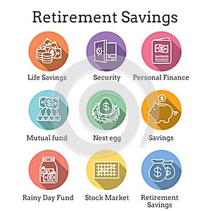 Retirement Account and Savings Icon Set w Mutual Fund, Roth IRA, etc