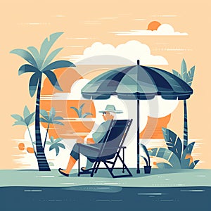 Retirement beach scene: A retiree relaxing on a beach chair under an umbrella