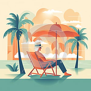 Retirement beach scene: A retiree relaxing on a beach chair under an umbrella