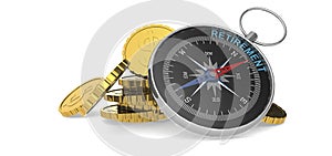 Retirement concept with compass and gold coins