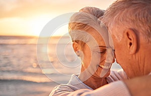 Retirement couple, sunset and beach, hug and love on summer vacation, ocean holiday and nature by mockup. Happy, smile