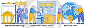 Retirement Estate Planning, Healthcare Expenses of Retirees, Retirement Travel with People Characters Illustrations Pack