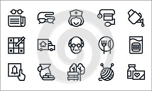 Retirement home line icons. linear set. quality vector line set such as medicine, bench, alarm, wool, food and drink, sudoku, food