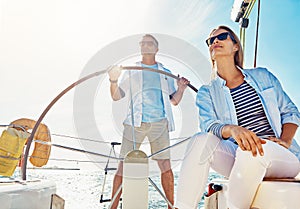 Retirement, investment and luxury with couple on yacht for summer, relax and sunset on Rome vacation trip. Travel, love