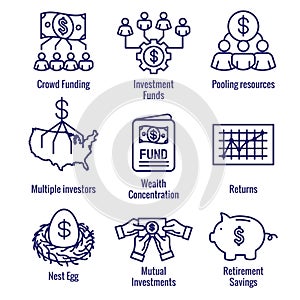 Retirement Investments and Dividend Income, Mutual Fund, IRA Icon set