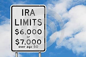 Retirement IRA contributions limits on a USA highway speed road sign photo