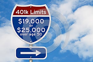 Retirement 401k contributions limits on a USA highway interstate road sign