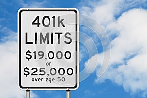 Retirement 401k contributions limits on a USA highway speed road sign photo