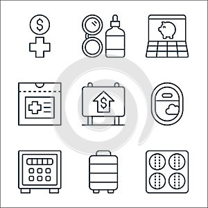 Retirement line icons. linear set. quality vector line set such as bowls, luggage, safe, travel, real estate, medical report,