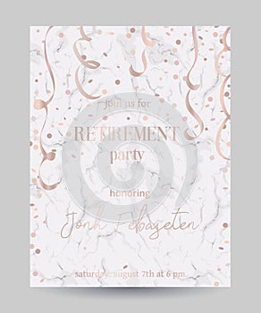 Retirement party invitation. Design template with confetti and serpentine on white marble background.