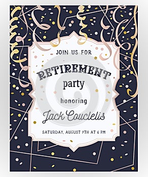 Retirement party invitation. Design template with rose gold polygonal frame, confetti and serpentine