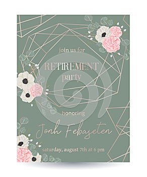 Retirement party invitation. Design template with rose gold polygonal frame and floral elements in watercolor style. Pink camellia