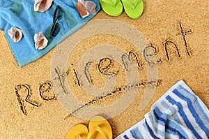 Retirement plan beach vacation word writing concept