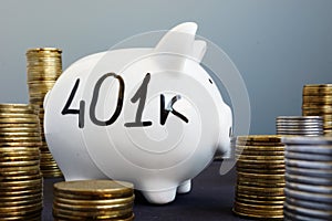 Retirement plan. Piggy bank with word 401k. photo