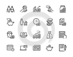 Retirement plan flat line icons set. Pension payment, money deposit, investment fund balance sheet inheritance vector