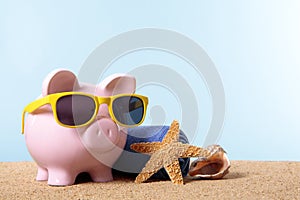 Retirement plan, pension fund, vacation, travel savings concept, Piggy Bank beach