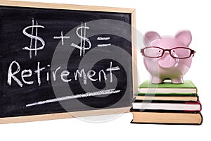 Retirement plan, Piggybank with pension fund growth calculation isolated on white background