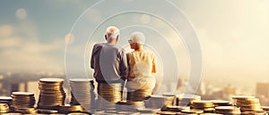 Retirement Planning Concept With Couple On Coin Stack