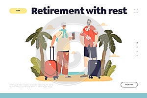 Retirement with rest concept of landing page with senior couple travel on seaside vacation