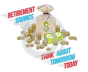 Retirement savings concept, big money bag with cash money dollar