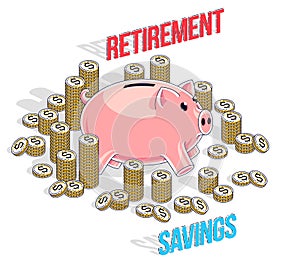 Retirement savings concept, cute Piggy Bank with cash money doll