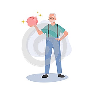 Retirement Savings Concept. Happy Elderly man Holding Piggy Bank. Smiling Senior man with Piggy Bank