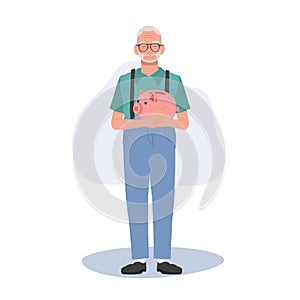 Retirement Savings Concept. Happy Elderly man Holding Piggy Bank. Smiling Senior man with Piggy Bank