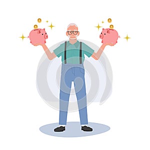 Retirement Savings Concept. Happy Elderly man Holding Piggy Bank. Smiling Senior man with Piggy Bank in both hands