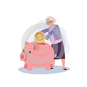 Retirement Savings Concept. Happy Elderly Woman Collecting Money in Piggy Bank. Flat vector cartoon illustration