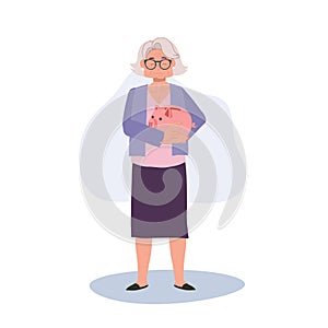 Retirement Savings Concept. Happy Elderly Woman Holding Piggy Bank. Smiling Senior Lady with Piggy Bank