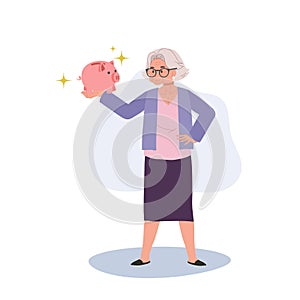 Retirement Savings Concept. Happy Elderly Woman Holding Piggy Bank. Smiling Senior Lady with Piggy Bank