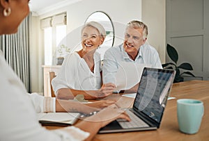 Retirement, savings and couple planning finance, insurance and investments in living room. Man and woman and seniors