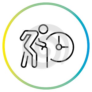 retirement time icon, pension age, pensioner with clock, thin line symbol