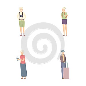 Retirement travel icons set cartoon vector. Old people active healthy lifestyle