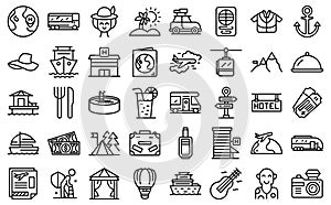 Retirement travel icons set outline vector. Health insurance safety