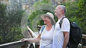 retirement vacation, happy elderly female and male pensioners enjoy sightseeing while walking in park on bridge on a