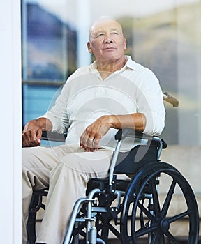 Retirement, window and elderly man in wheelchair thinking about life in luxury Portugal nursing home, estate or village